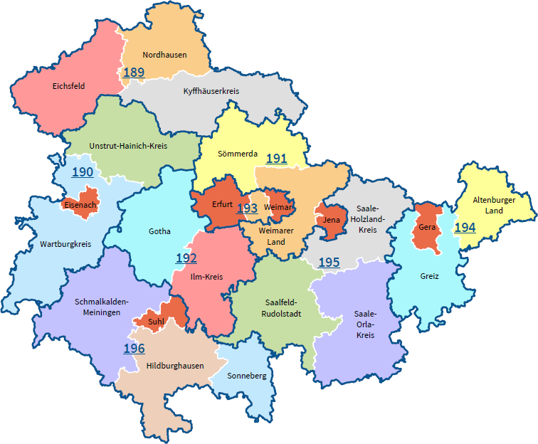 Bundestagswahlen 2021 in Thüringen - Thüringenkarte mit Einteilung der Wahlkreise
