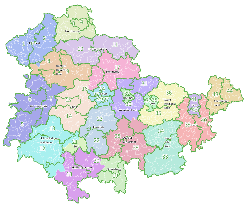 Thüringenkarte mit Land- und Wahlkreisen Landtagswahl 2024